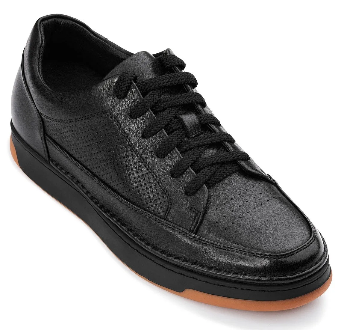 CALTO - Y7931 - 2.6 Inches Taller (Noir/Black & Gum Sole) - Elevated Leather Micro-Perforated Sneakers