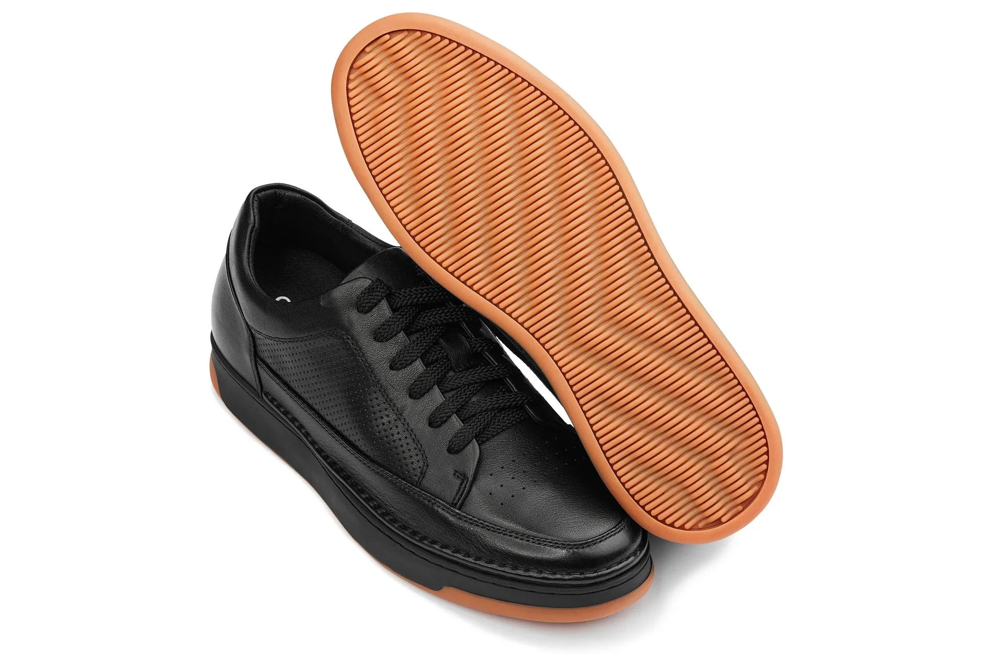 CALTO - Y7931 - 2.6 Inches Taller (Noir/Black & Gum Sole) - Elevated Leather Micro-Perforated Sneakers