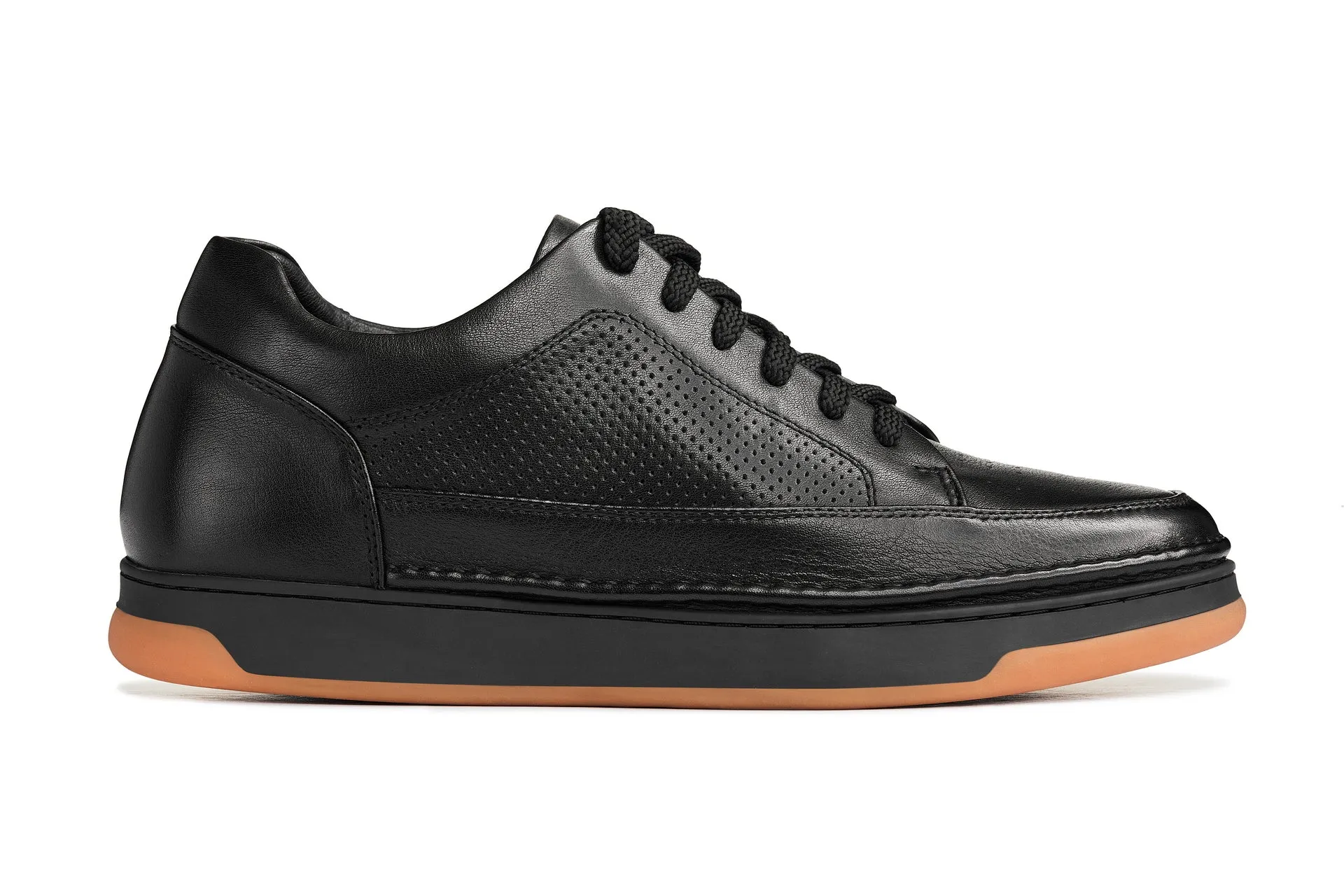 CALTO - Y7931 - 2.6 Inches Taller (Noir/Black & Gum Sole) - Elevated Leather Micro-Perforated Sneakers