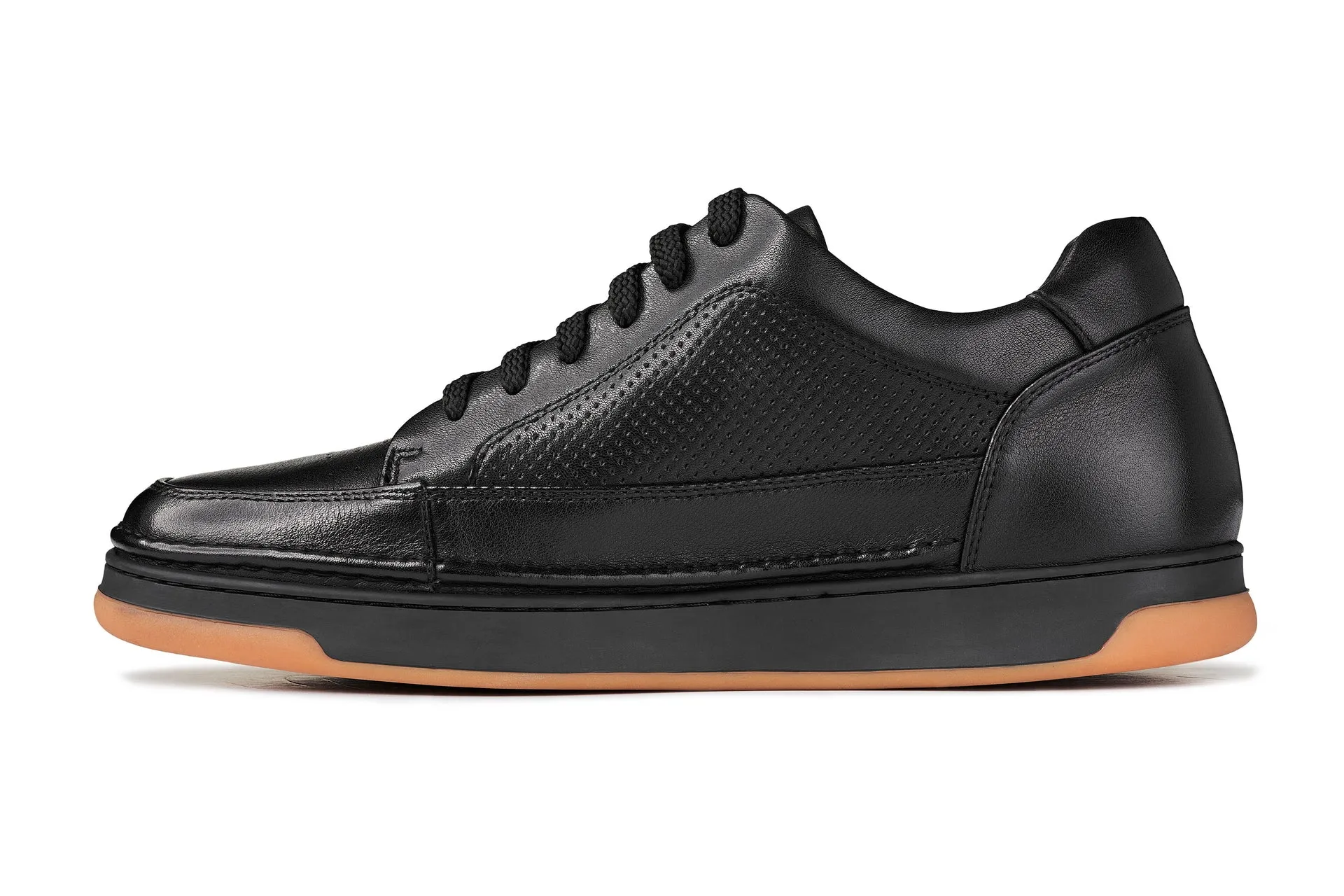 CALTO - Y7931 - 2.6 Inches Taller (Noir/Black & Gum Sole) - Elevated Leather Micro-Perforated Sneakers