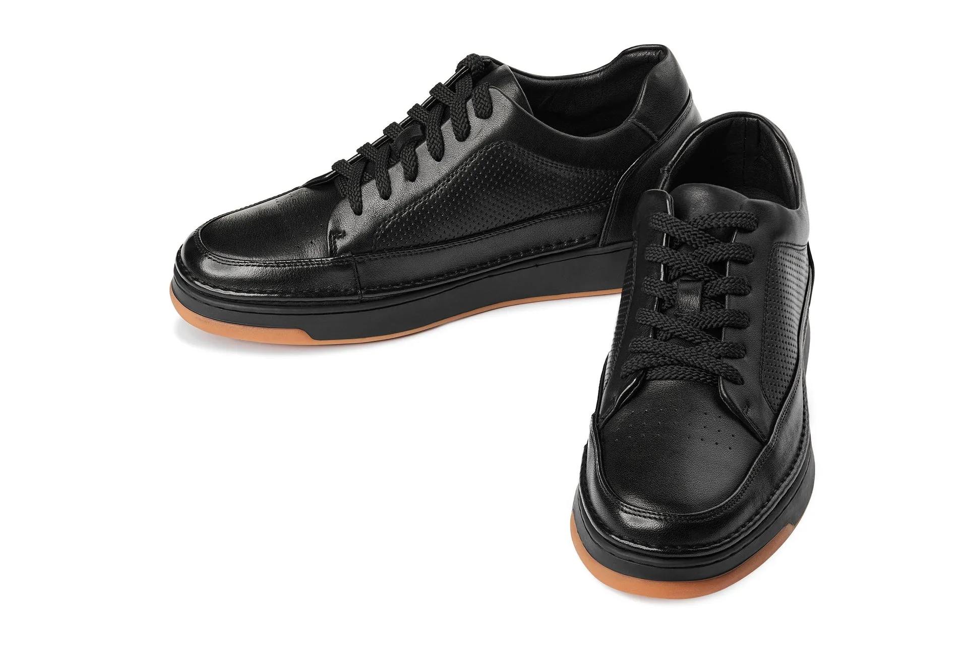 CALTO - Y7931 - 2.6 Inches Taller (Noir/Black & Gum Sole) - Elevated Leather Micro-Perforated Sneakers