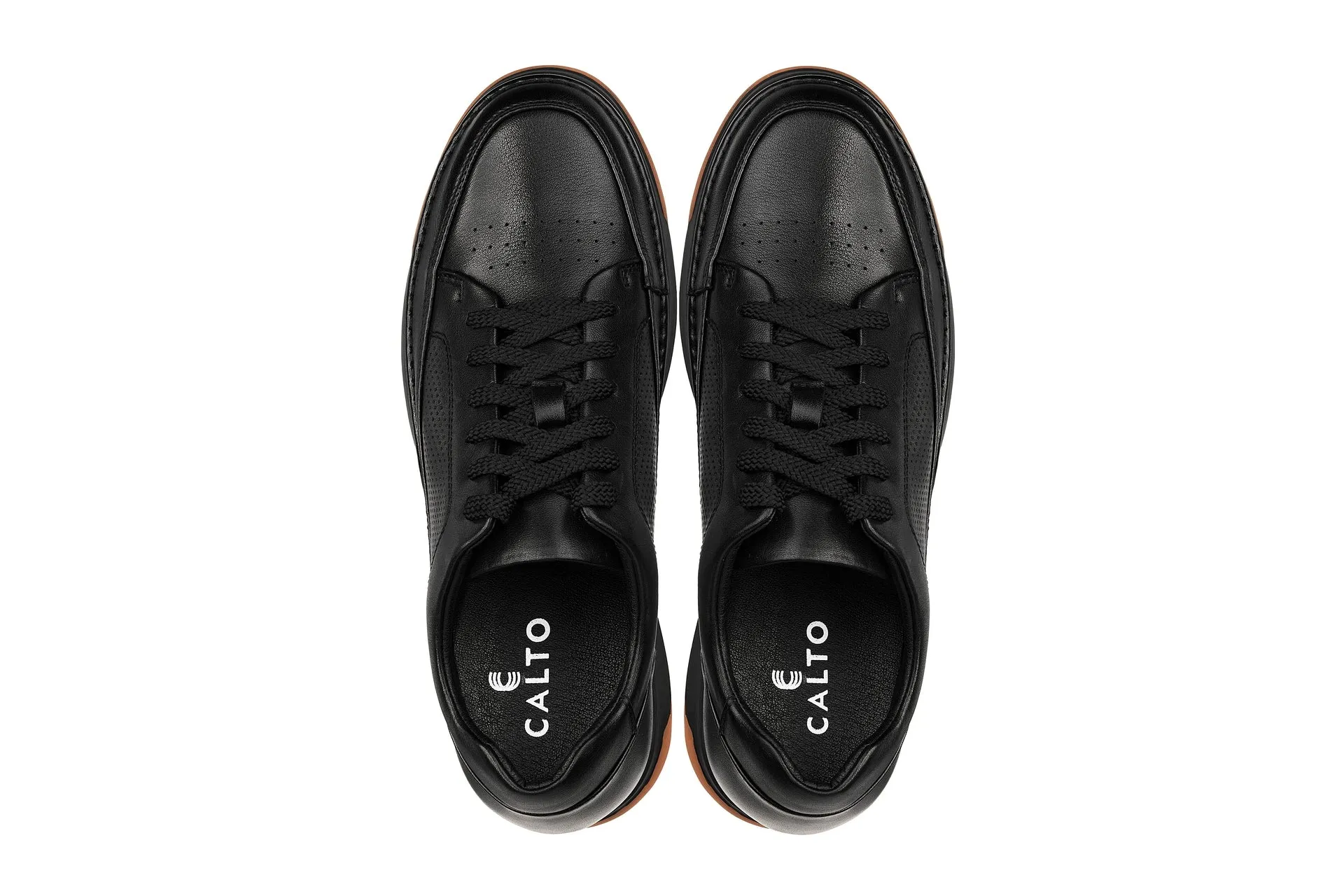 CALTO - Y7931 - 2.6 Inches Taller (Noir/Black & Gum Sole) - Elevated Leather Micro-Perforated Sneakers